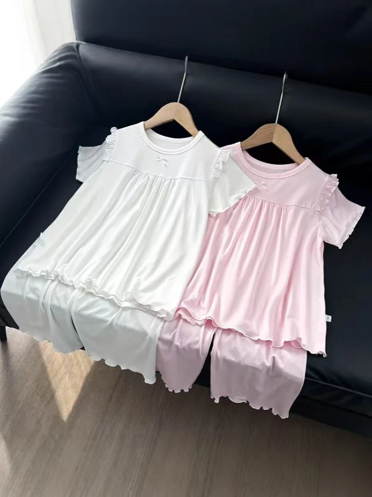 새로운 한국 스타일의 루즈핏 크롭 팬츠 파자마 세트 (여아용) 봄 가을 경량 라운지웨어