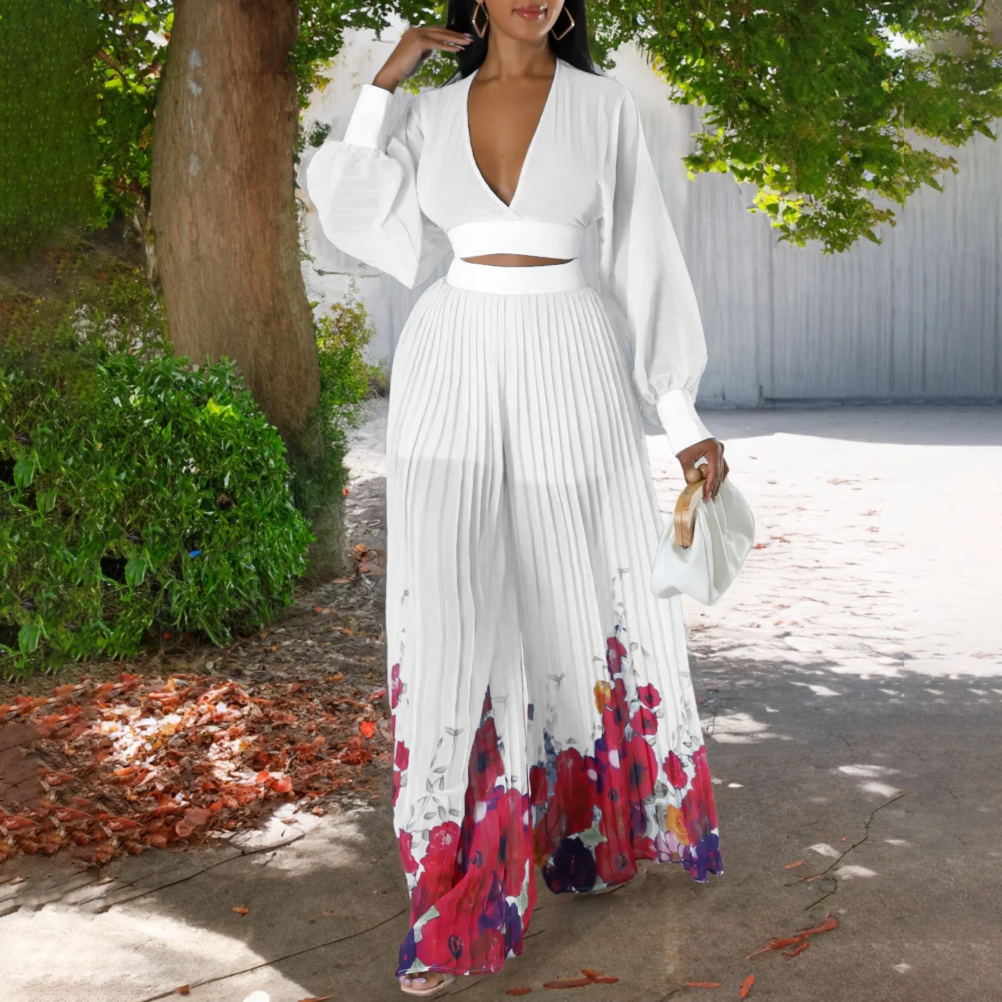 Women 2 Pieces Pants Sets Pleated Chiffon Printed Deep v Neck Blouse & Long Trousers Fashion Elegant Ladies Birthday Party Sets