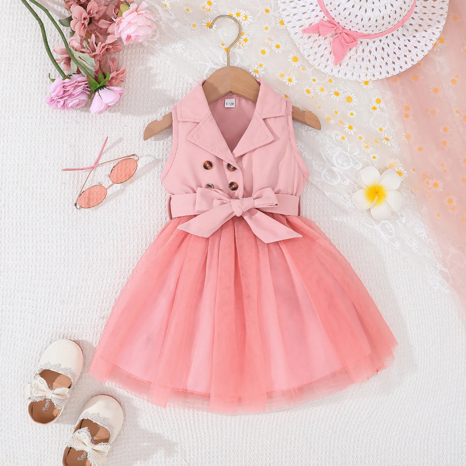 

Todder Infant Baby Girls Lapel Blazer Dress Casual A-line Dress Sleeveless Mesh Patchwork Tulle Dress Belted Baby Clothing 1-5Y