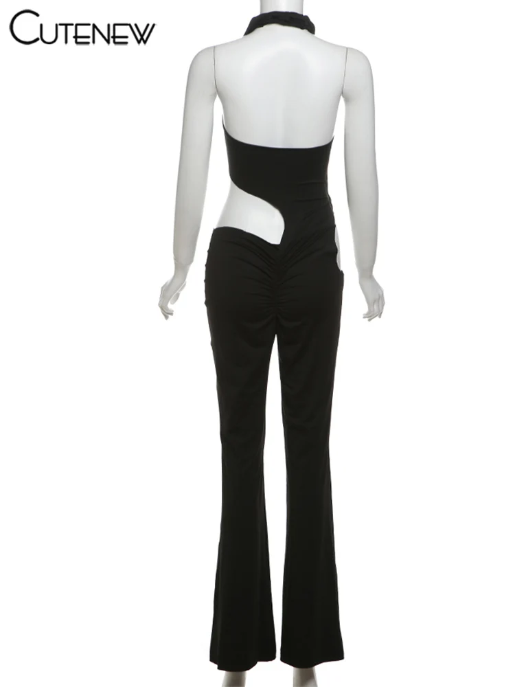 Hollow Out Sexy Jumpsuits Women Summer Fashion Halter Woven Low Neck Skinny Ribbons Overalls Female High Street Clubwear