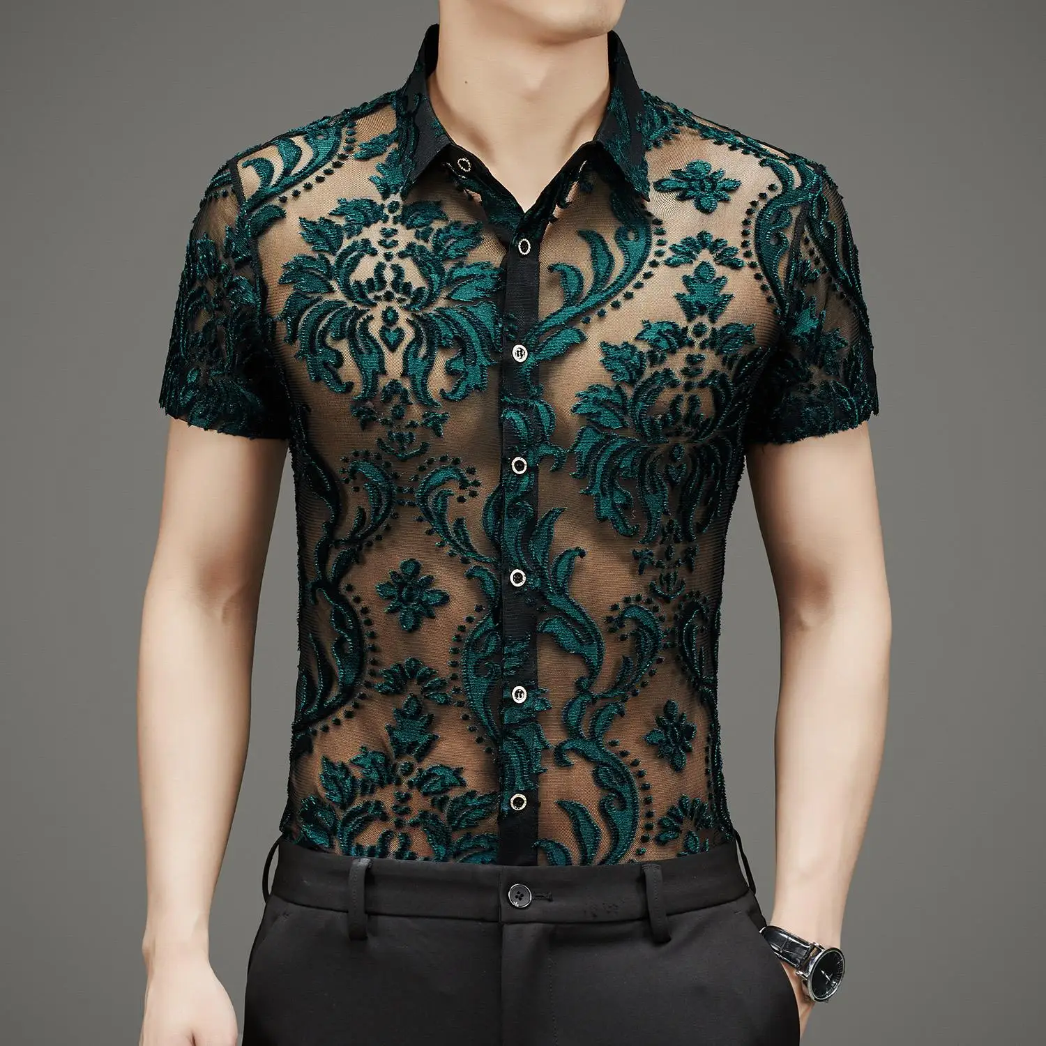 See Through Shirt For Mens Sexy Short Sleeve Flower Fishnet Lace Tops Green Black Blue