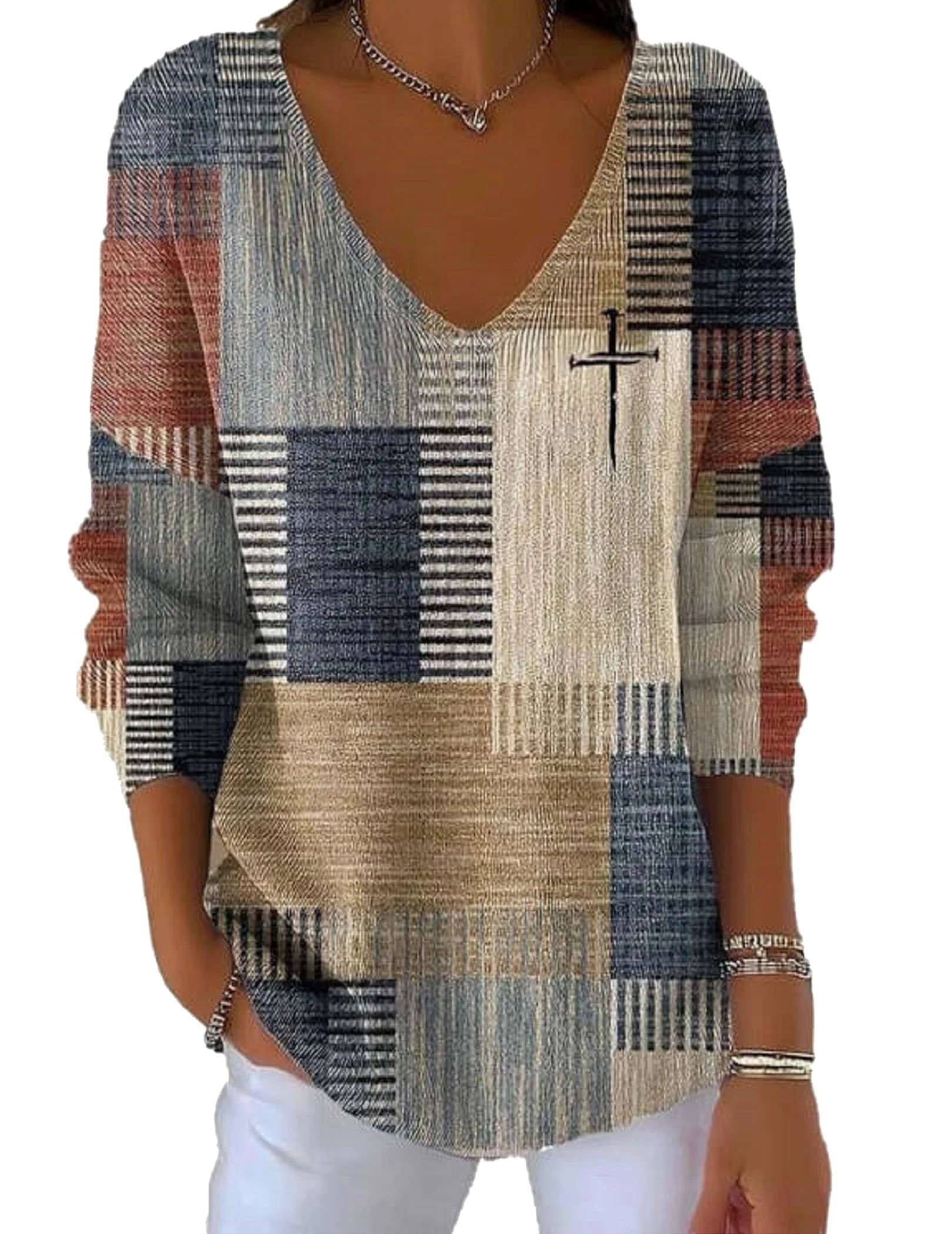 Womens Casual Retro Color Block Faith Cross Jesus Sweatshirts