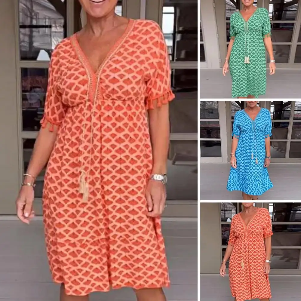 

Women Midi Dress V Neck Printing Short Sleeves Tassel Drawstring Dress-up Knee Length Plus Size Party Dress Female Clothing 2023