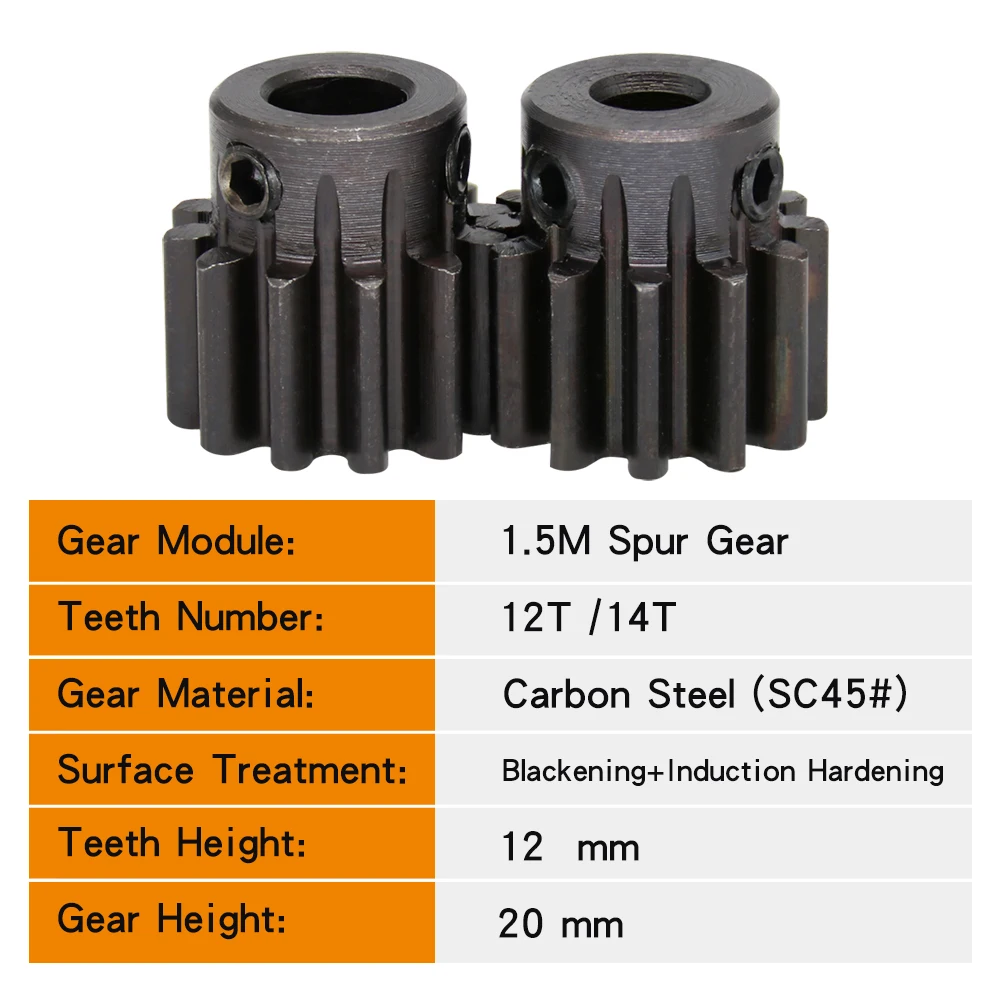 Spur Gear 1.5M-12T/14T Blackening SC45#Carbon Steel High Frequency Quenching Gear Wheel Bore Size 5/6/6.35/7/8 mm 1 Piece