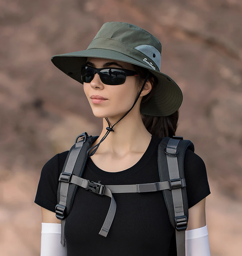 Xinbaoguan Sommer-Sonnenhut für den Außenbereich aus 100 % Polyester, atmungsaktiver Sonnenhut, faltbarer Sonnenhut, weiblicher Fischerhut mit Pferdeschwanzloch – Detail 9