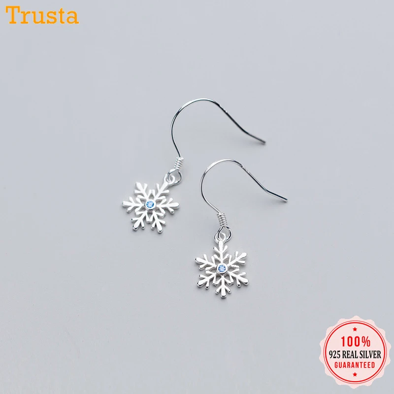 Trustdavis 100% 925 Solid Real Sterling Silver Snowflake Blue CZ Dangle Earrings For Women Girl Lady Xmas Gift DA339 | Украшения и