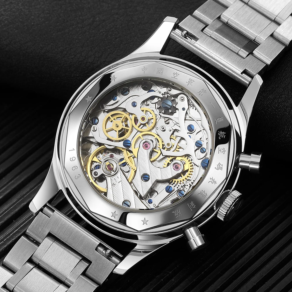 SEAKOSS Stainless Steel Men's 1963 Chronograph Mechanical Watch Seagull ST1901 Movement Male Air Force Aviation Sapphire Goose