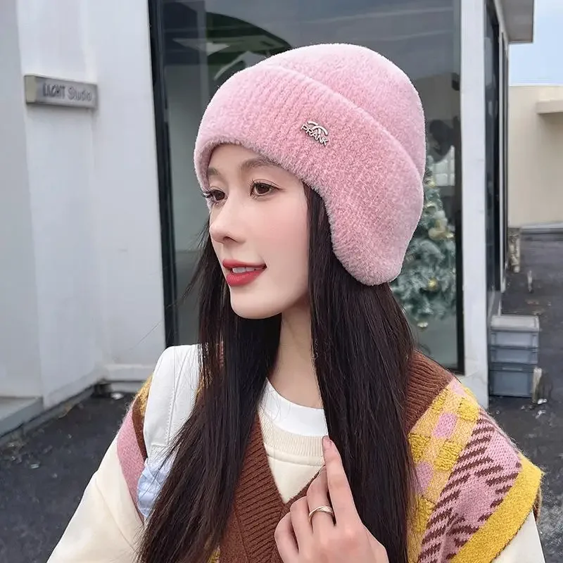 New Women Soft Beanie With Earflap Casual Winter Hat Streetwear Faux Fur Warm Caps For Female