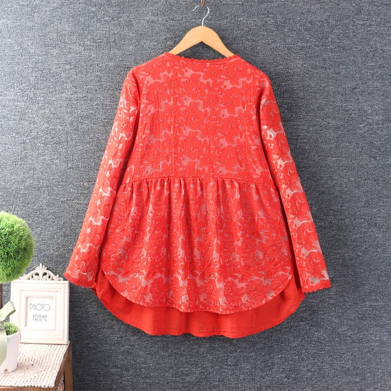 Women's Long Sleeve Shirt, Japanese Style, Sweet Lace Embroidery, V-Neck, Cotton Blusa Tops, Spring, Summer, Korean, Cute