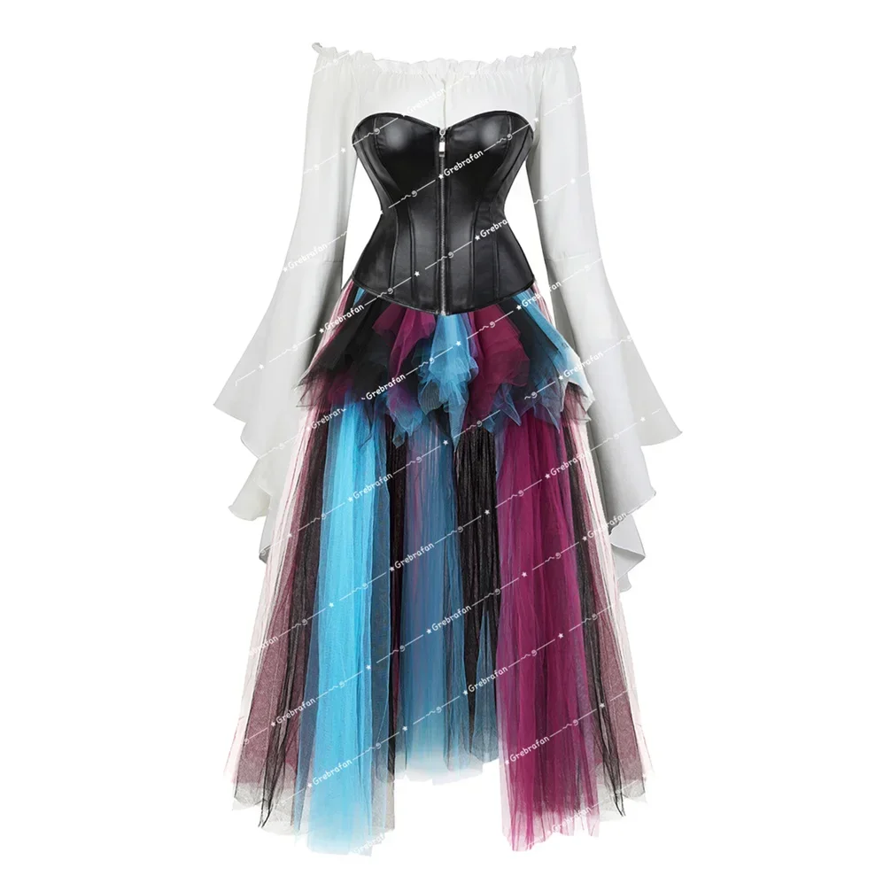 

Женский корсет, юбка с пиратской блузкой, кожаные корсеты в стиле стимпанк, готический костюм, средневековый бюстье, наряды, карнавальные костюмы