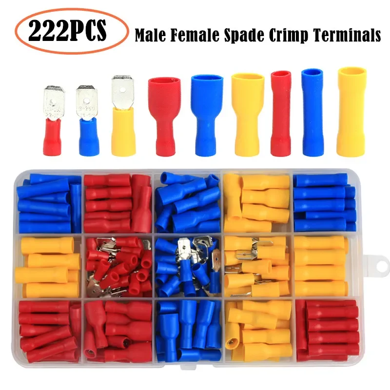 258/236/122PCS 절연 전기 와이어 압착 커넥터 스페이드 버트 링 포크 링 러그 압연 터미널 압착 플라이어 도구 키트