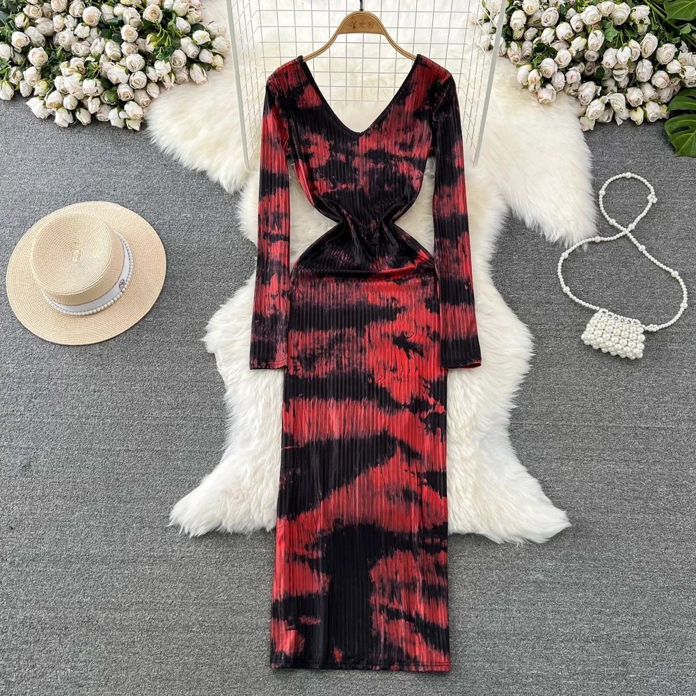 

Fashion Slim Fit Tie Dyed Print Autumn Dress For Women Long Sleeve V-Neck Waist Tight Wrap Hip Elastic Midi Print Bottom Dress
