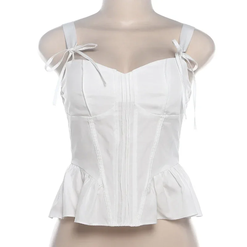 Sweet Solid Bow Lace Up Strap Tops Women Sleeveless Backless Ruffles Zipped Slim Vest Summer New Fashion Lady Tank