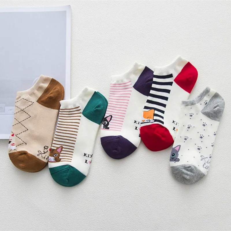 

5pair/lot Cotton Cartoon Cats Harajuku Striped Women Short Socks Funny Cat Low Cut Kawaii Femal Girls Cute Sox Spring Autumn