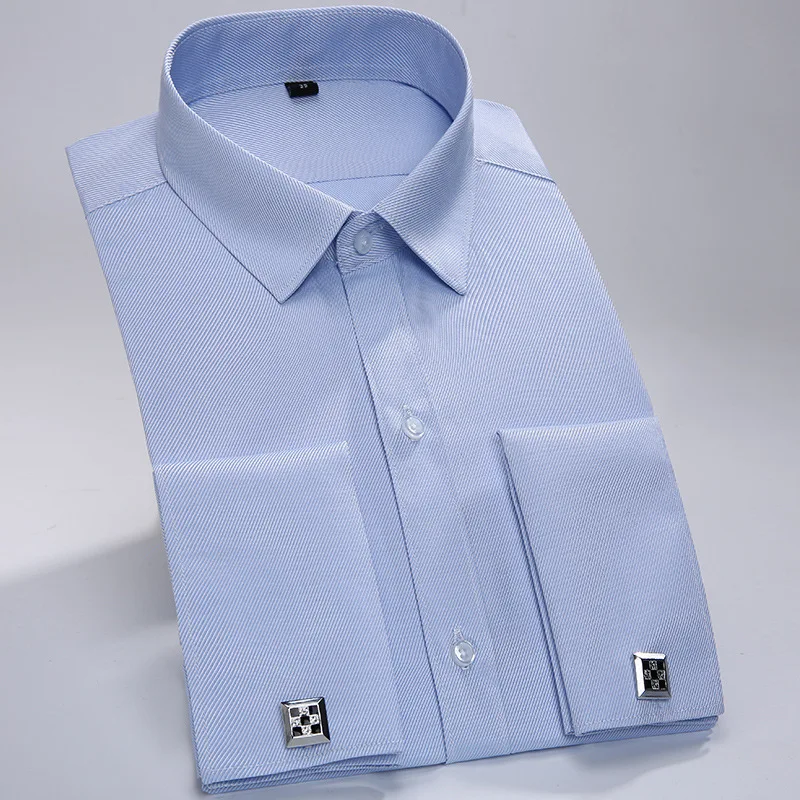 Men's Classic French Cuffs Striped Dress Shirt Single Patch Pocket Standard-fit Long Sleeve Wedding Shirts Cufflink Included men shirt