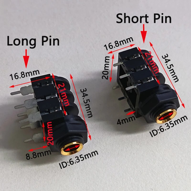1/4인치(6.35mm) TRS 스테레오 잭 소켓, 짧은/긴 핀 6핀 PCB 마운트 암 커넥터 (기타 앰프 믹서 DJ 오디오 장비용)