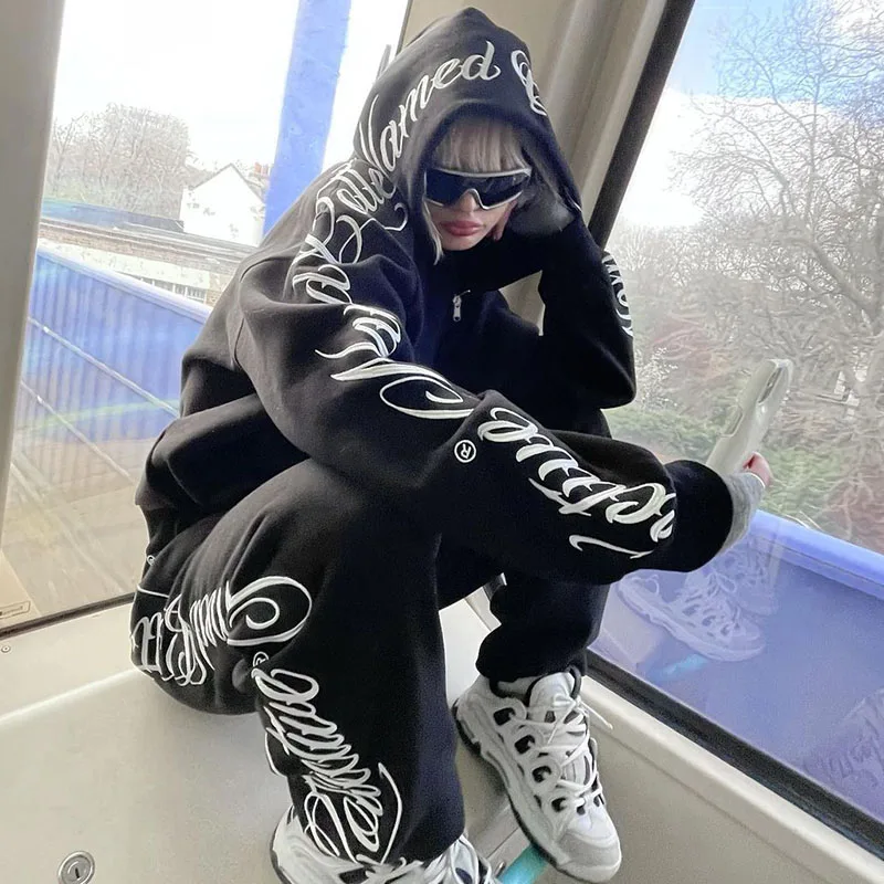 Autumn Men's Hip Hop Suit Y2k Gothic Punk Harajuku Fashion Zip Up Hoodies  Elasticity Sweatpants Unisex Black Casual 2 Piece Sets