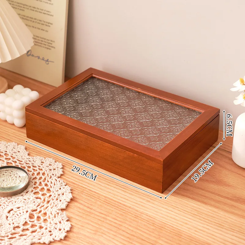 Lock storage Retro new Chinese solid wood desktop storage box Stationery box Dust-proof crabapple flower glass jewelry storage b 6