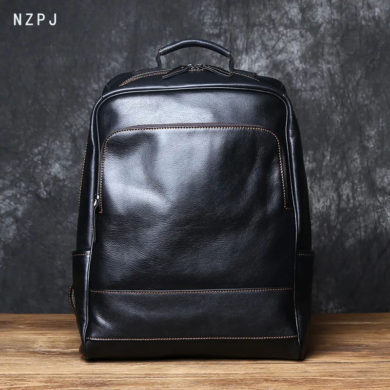 NZPJ Retro Genuine Leather Men's Backpack Top Layer Cowhide Fashion Travel Bag Casual Backpack Large Capacity  Computer Bag