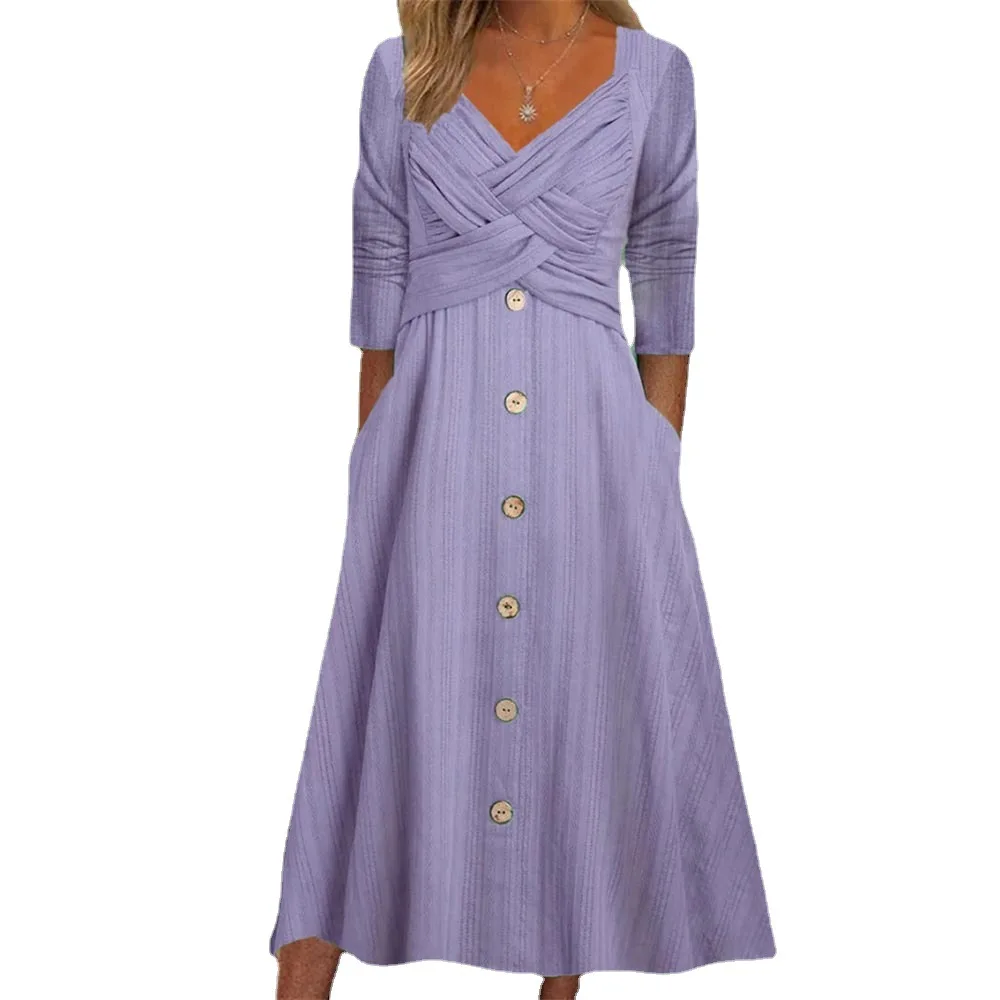 

2024 Autumn/Winter New Women's Solid Color Long sleeved V-neck Cross Button Casual Dress Long Dress