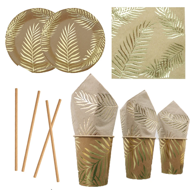 Disposable Kraft Paper Tableware Set – Golden Palm Leaf Pattern Plates, Cups, Napkins, ... - SKU KTS12264 - UGI Packaging