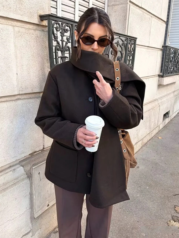 Women Jacket Fashion Scarf Design Coats Women Casual Loose Autumn Winter Long Sleeve New Jackets Single-Breasted Outerwear