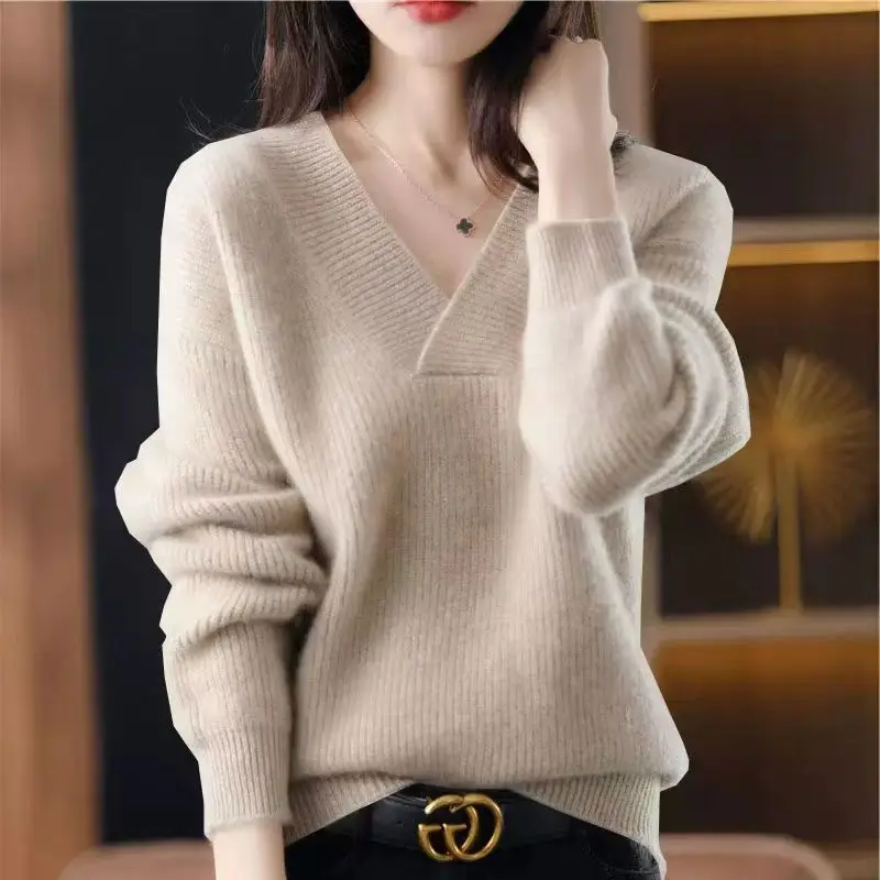 New Autumn and Winter Women Trendy V Neck Long Sleeve Soft Basic Knitted Sweater Female Solid Loose Pullover Tops Casual Jumpers
