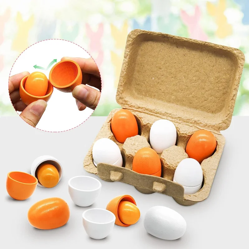6pcs Wooden Eggs Toy Kitchen Toys Kids Play Food Cooking Pretend Play Set for Baby Early Development & Learning