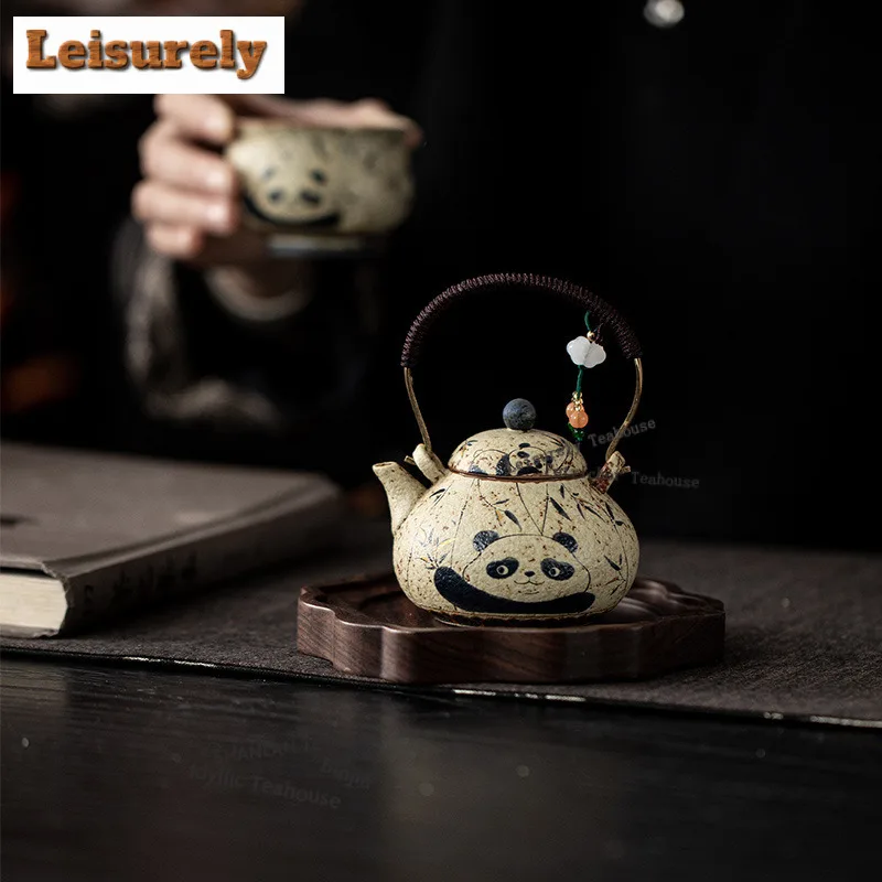 150ML Firestone Red Panda Bamboo Lifting Handle Teapot Aesthetic Tea Infuser Pot Tea Making Kettle With Ball Hole Decoration