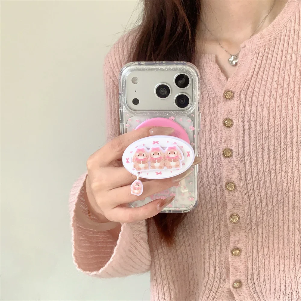 Korean Little Flower Rabbit Magnetic Phone Case with Magsafe Holder - Shockproof Cover