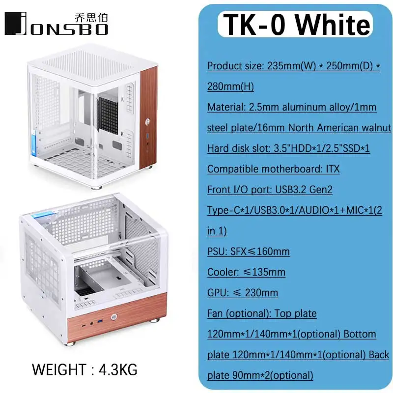 JONSBO TK-0 Armadietto separato Custodia ITX Mini Tower 270 °   Telaio da tavolo compatto in legno massello di noce e alluminio con doppio vetro curvato