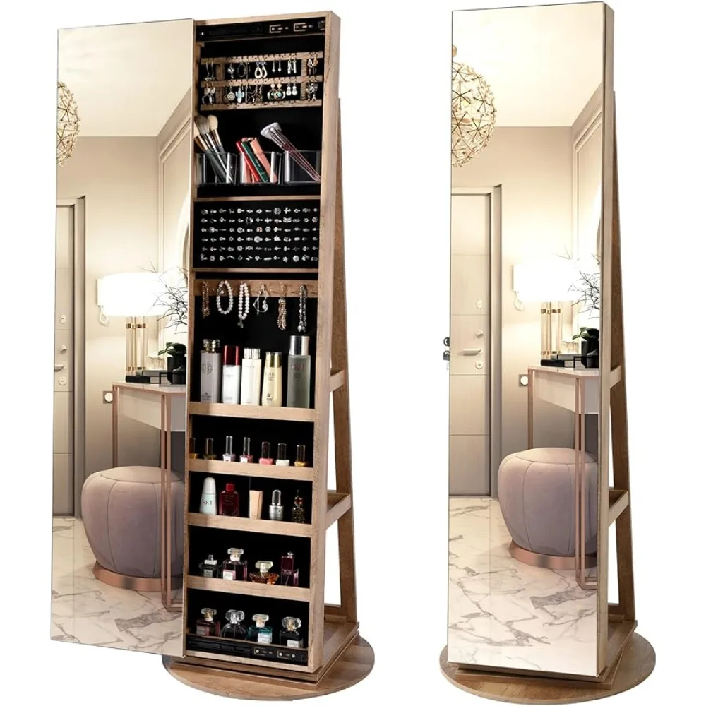 

LVSOMT 360° Swivel Jewelry Cabinet with Full Length Mirror, 63" Jewelry Organizer Armoire, Lockable Mirror with Jewelry Storage