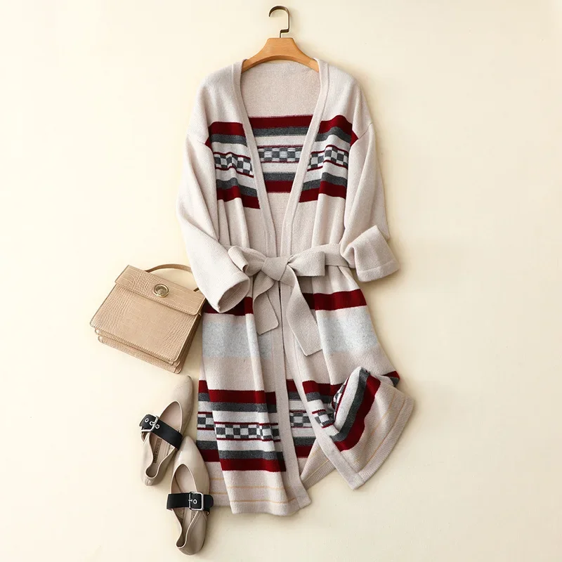 

Женский длинный кашемировый кардиган, трикотажный кардиган оверсайз в полоску с открытой передней частью, верхняя одежда, зима 100%