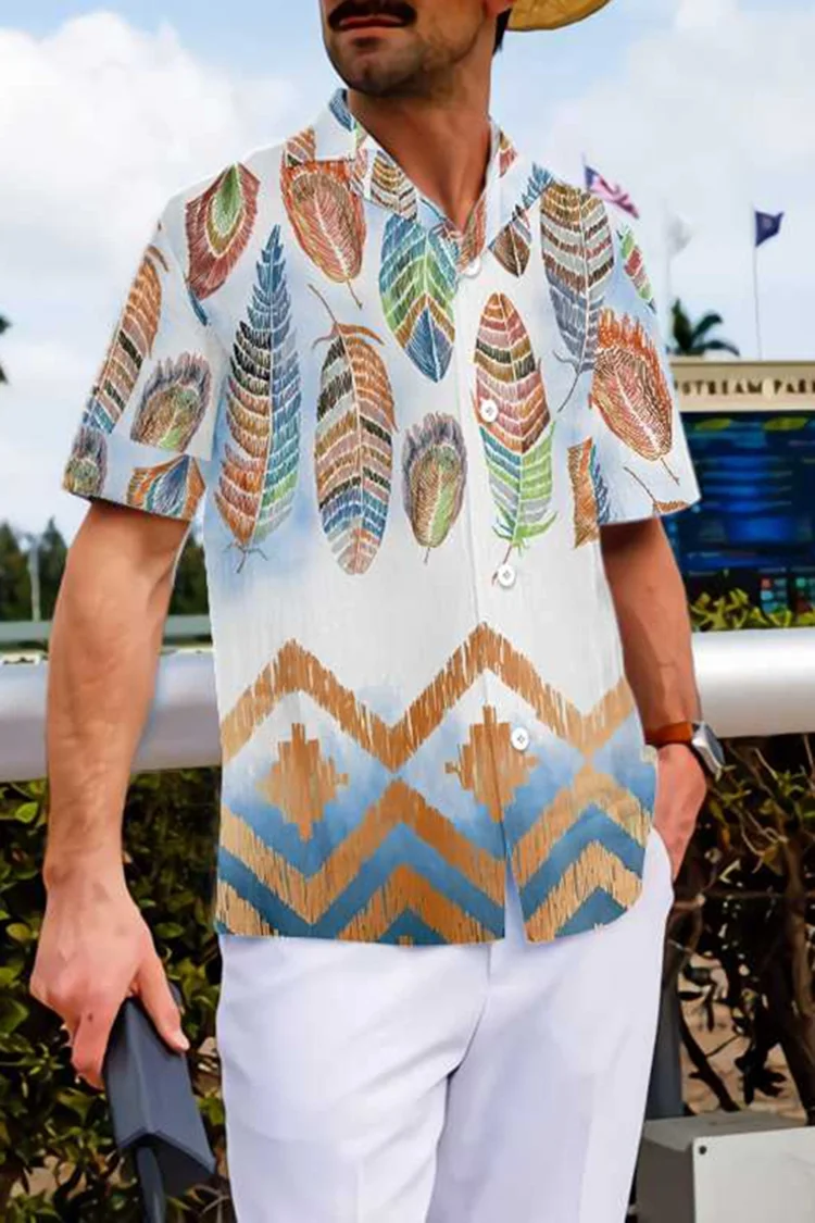 Hawaiian Shirt Feather Print Shirts For Men Summer Casual Men's Short Sleeved Shirts Loose Fashion Streetwear Men's Clothes