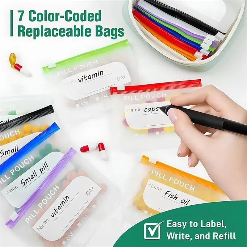 Set di Portapillole Impermeabili – 14 Bustine Codificate per Colore, Etichette Scrivibili – per Medicinali Quotidiani, Vitamine e Integratori - immagine 5
