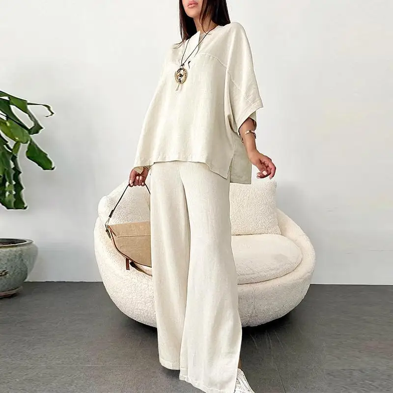 Ensemble 2 Pièces Femme - Pantalon Large Et Haut Col V En Coton/lin - Tenue Décontractée Confortable Pour La Maison, Voyage, Vacances - 13