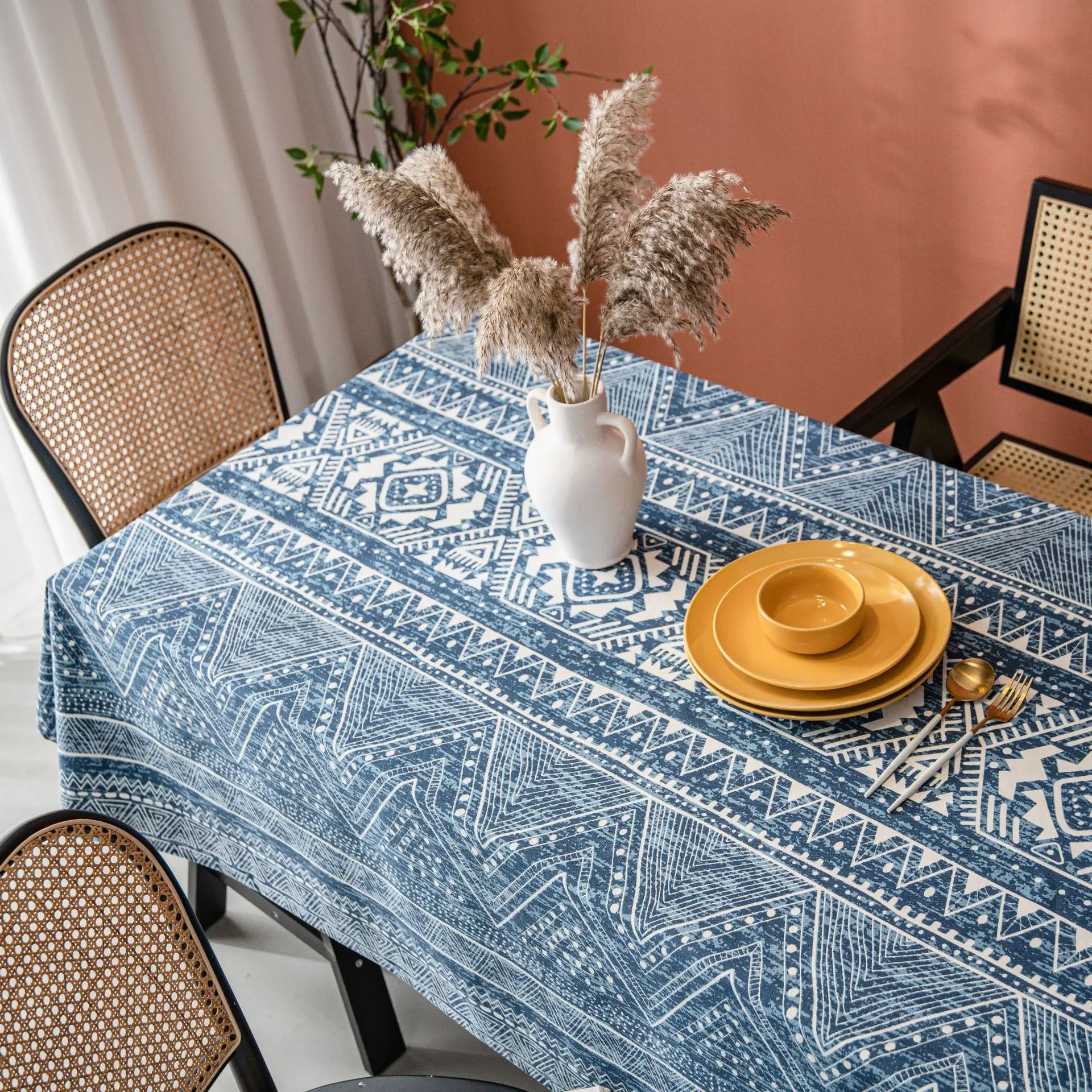 Home European tablecloth Blue geometric triangle print blog cotton linen rectangular table cloth end table cover - Image 2