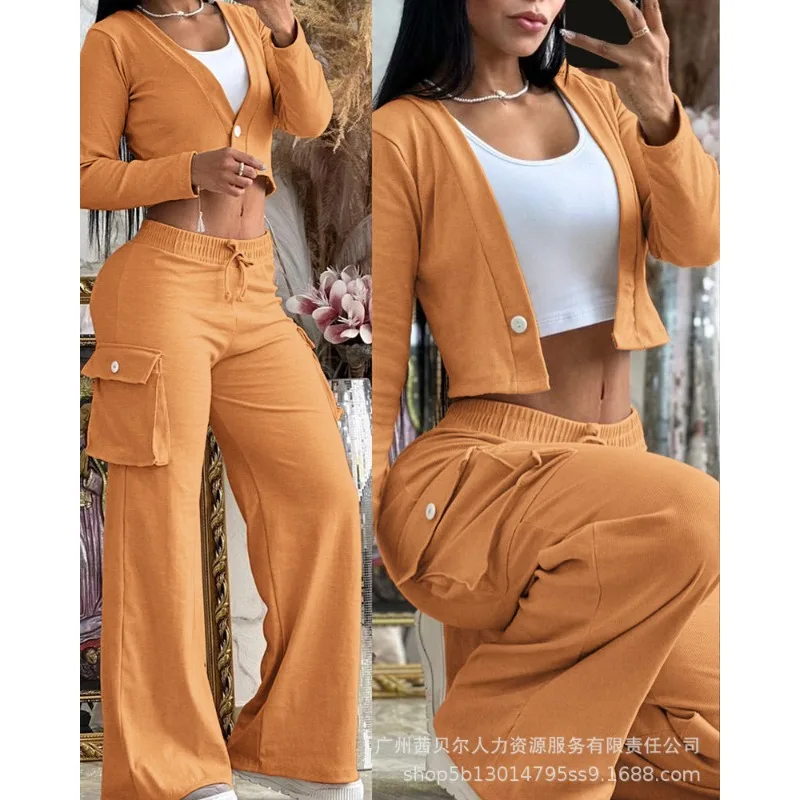 Wepbel Y2K Short Cardigan Tops Women Two Piece Trousers Outfits Casual Buttoned Crop Top & Pocket Design Drawstring Pants Set