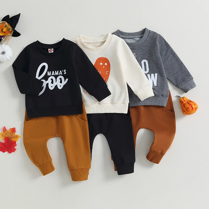 

2023-06-01 Lioraitiin 0-3Years Baby Boys 2Pcs Causal Fall Outfits Boo Letter Print Long Sleeve Sweatshirt and Elastic Pants