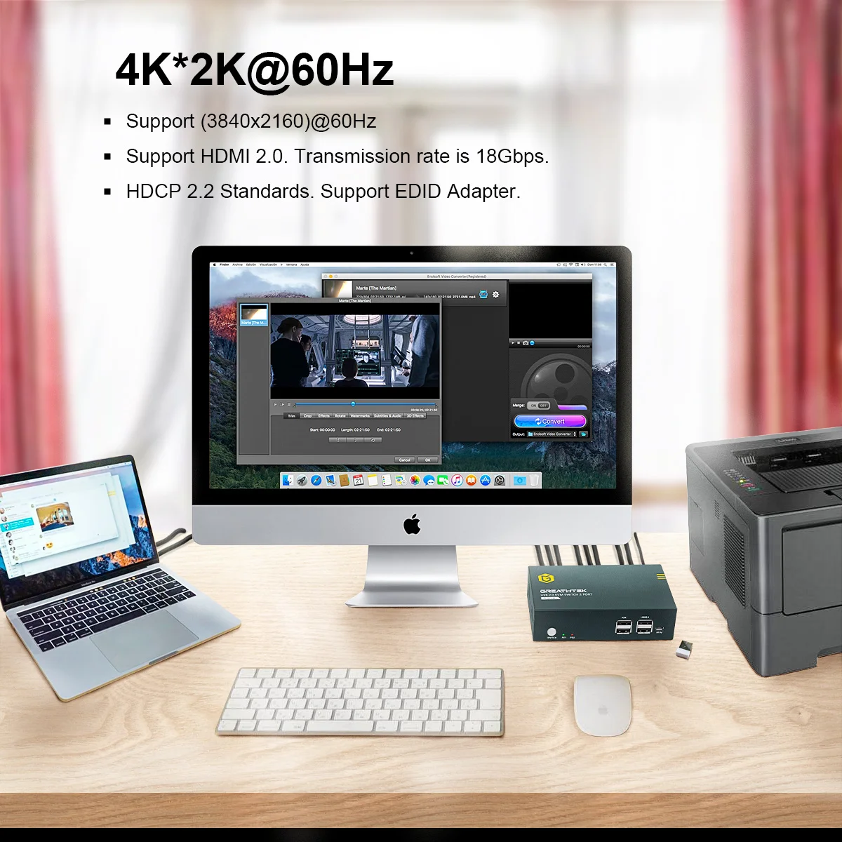   HDMI KVM ġ, ̺  USB  Ű ġ, 2 Ʈ, 2 USB 2.0 , UHD 4K @ 30Hz, YUV4:4:4  ȣȯ