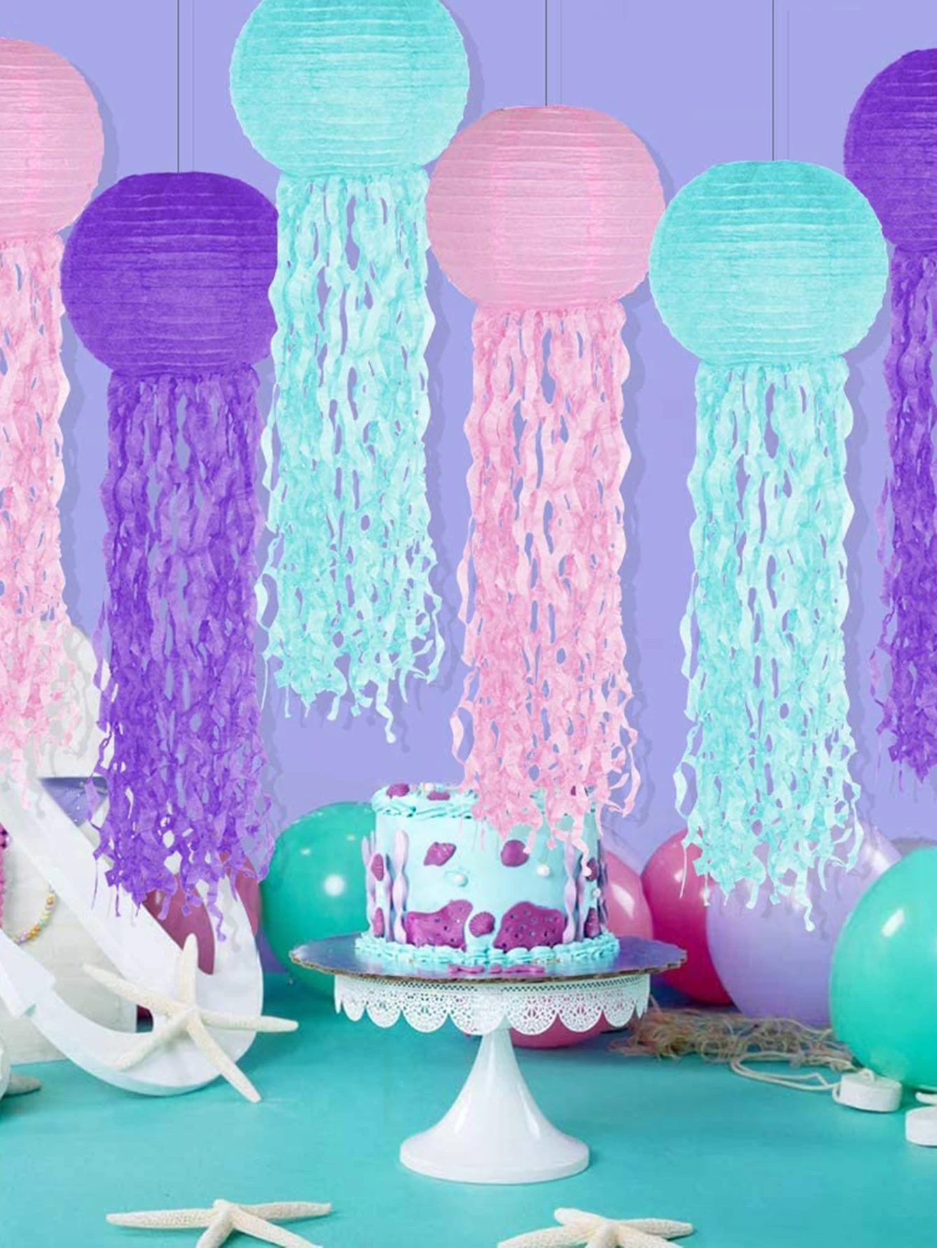 6 Pcs Jelly Fish Paper Lanterns Pink Green Blue Hanging Lantern for Mermaid heme Under for Hawaiian Tropical The Sea Oc