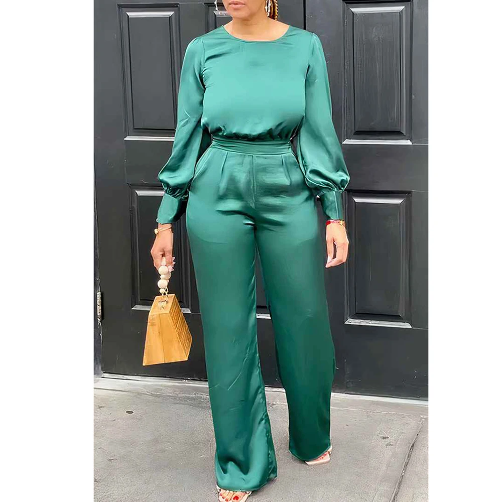 Plus Size Business Casual Green Pants Set Round Neck Lantern Sleeve Wide Leg Two Pieces Pants Set women tracksuits two pieces set short sleeve o neck top long pants tie dye 2 pieces set sports suit casual outdoor wear