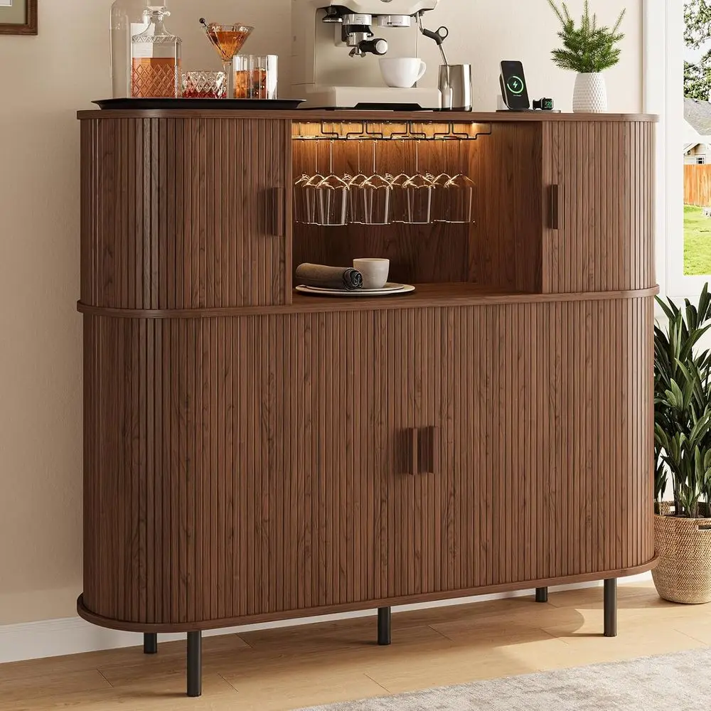 LED-Illuminated Fluted Wine Bar Cabinet with Coffee Station and Power Outlet, Modern Liquor Cabinet with Wine Rack & Glass Holde