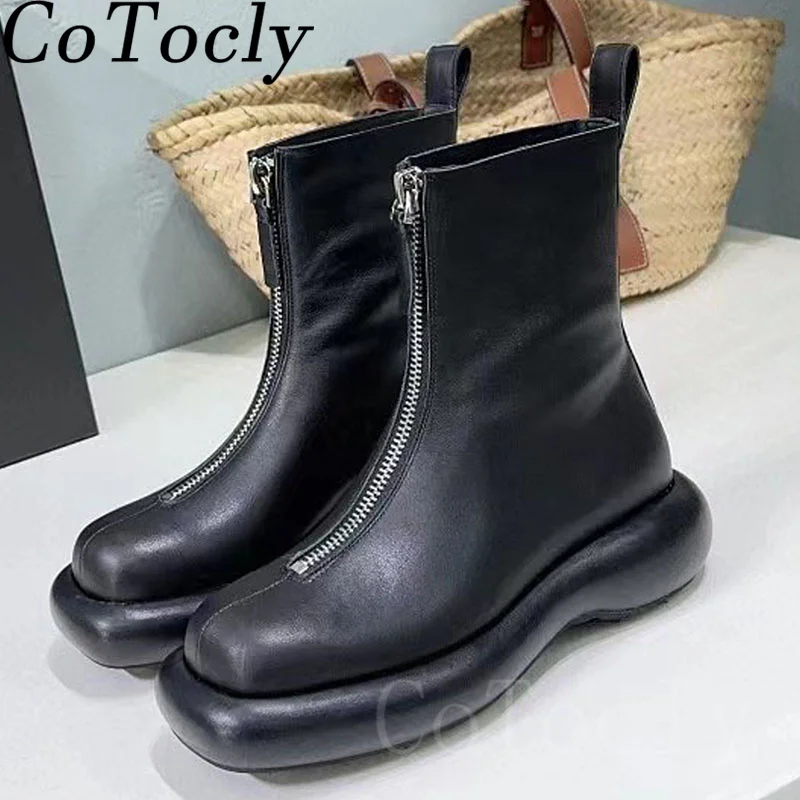 

New Thick Sole Ankle Boots Women Genuine Leather Front Zipper Chelsea Boots Lady Flat Shoes Women Casual Motorcycle Boots Woman