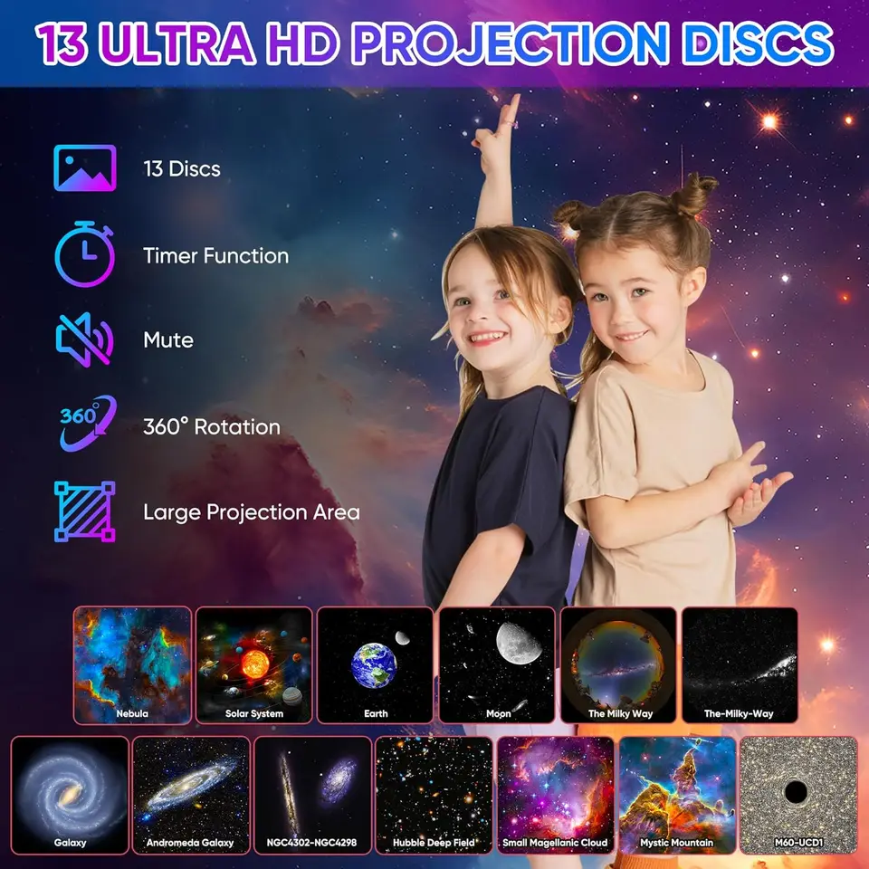 Projecteur D'étoiles Planétarium 13 En 1, Zone D'image HD, Veilleuse LED, 4K 13 Disques De Film, 360 ° Minuterie Rotative 1/2h Pour Chambre D'enfants Et Adultes