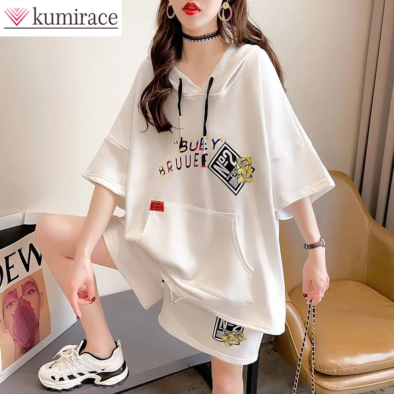 Sports Suit Women's 2023 Summer New Korean Version with Cap Large Size Short Sleeve Loose Shorts Casual Sports Two-piece Set