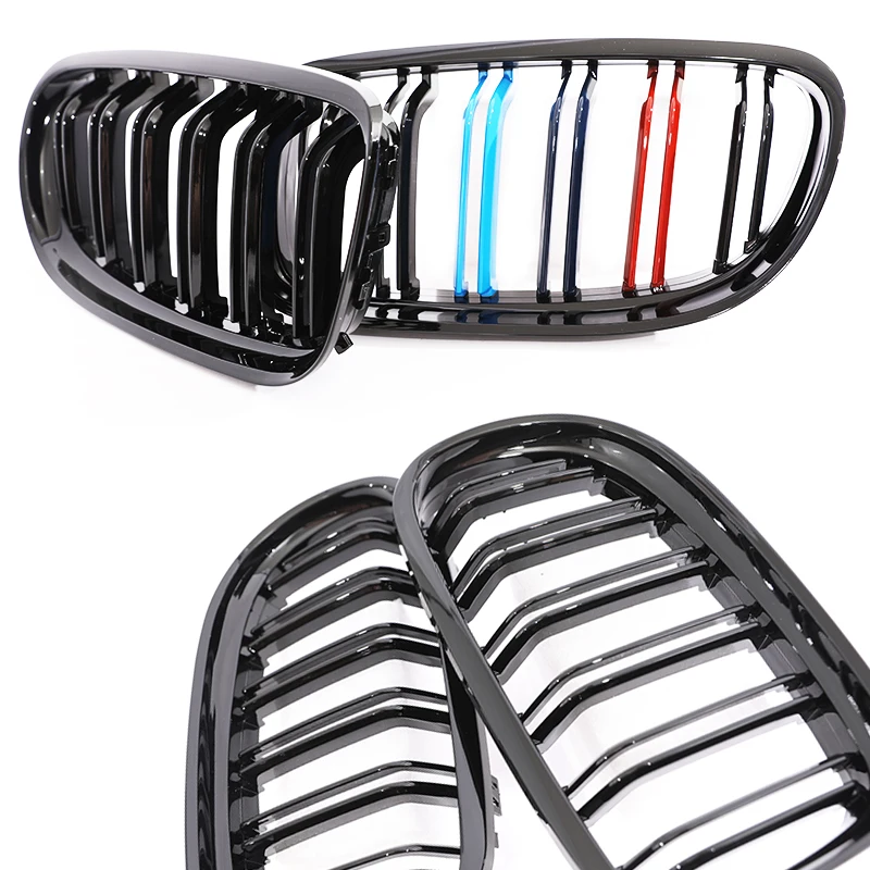 Carbon Fiber Print Grille Kidney Grill - Gloss Black & Chrome Silver Double Slat with M Color Accent