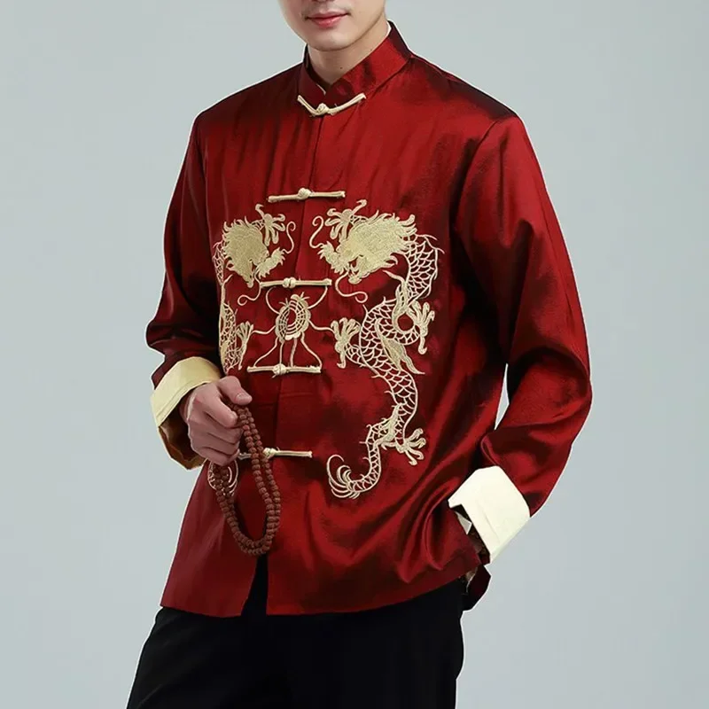 Men's Embroidered Dragon Tang Suit Men's Shirt Top Jacket Cheongsam Hanfu Retro Hanfu Coat