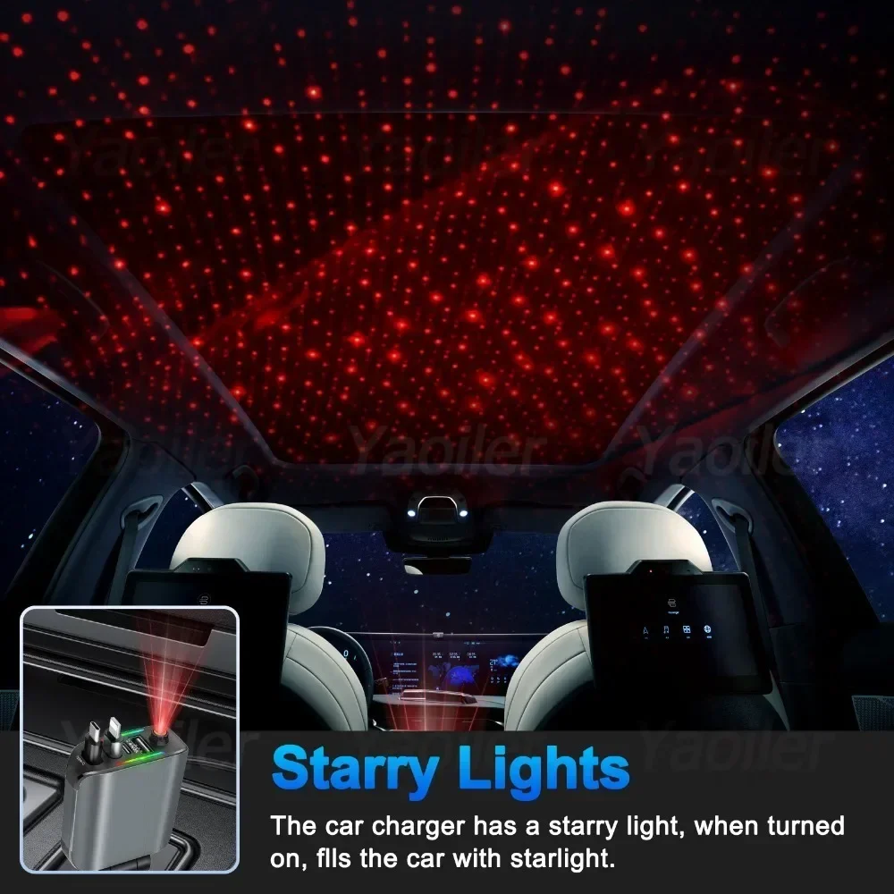 Phone Charger Car Charger Phone Charger Adapter Car Phone Charger Upgraded New Retractable Car Charger 120W Fast Car Charger Adapter with 2 USB Ports 4 in 1 USB with Starry Sky Light