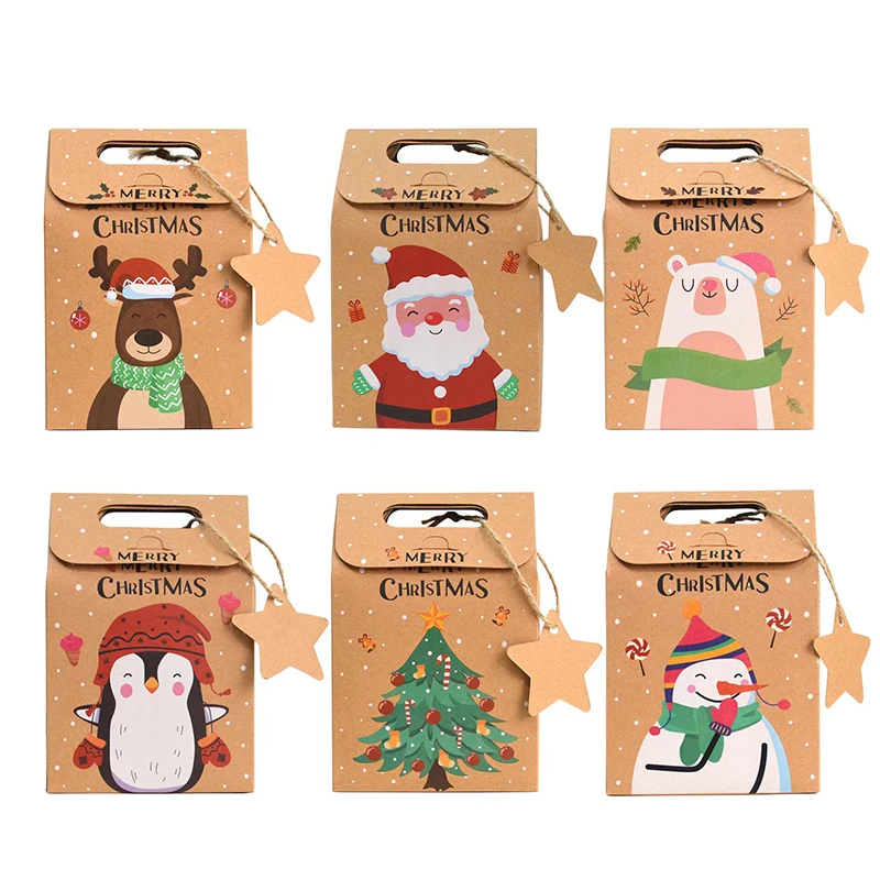 24pcs Merry Christmas Gift Box Kraft Paper Gift Packing Bags With Tags Ribbon DIY Present Packaging Boxes Party Supply